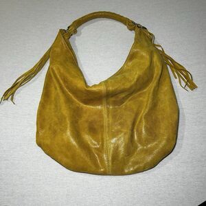 Vimoda Paris mustard yellow split leather hobo bag with tassels